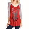Christmas Elk Reindeer Printed Striped Splicing Blouse